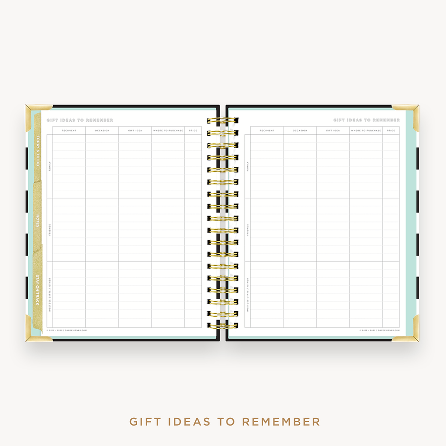 Day Designer's 2023 Weekly Planner Black Stripe with holiday gift planning page.