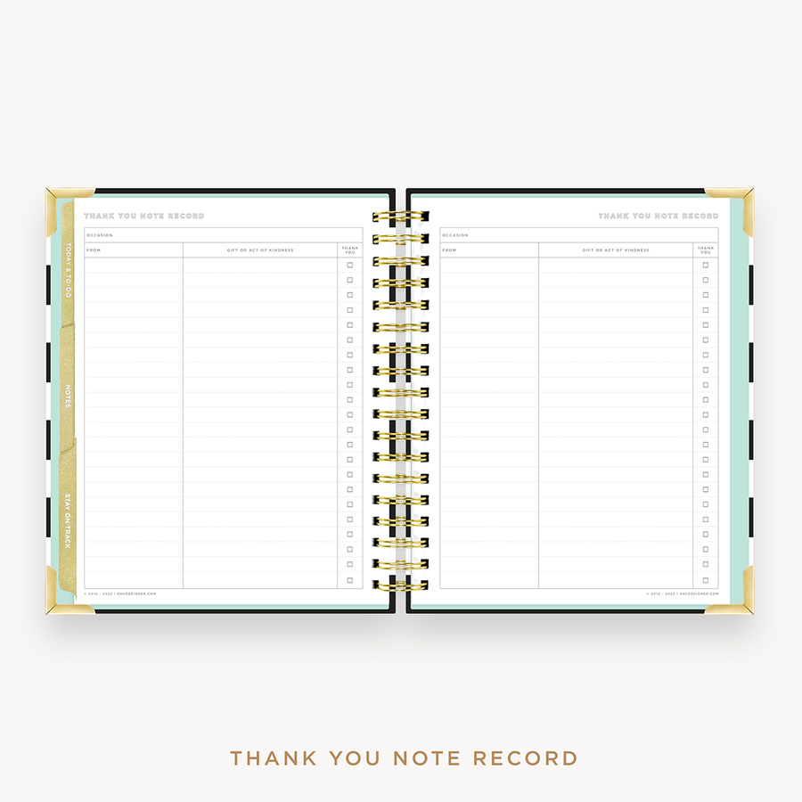 Day Designer's 2023 Weekly Planner Black Stripe with thank-you note recording page.