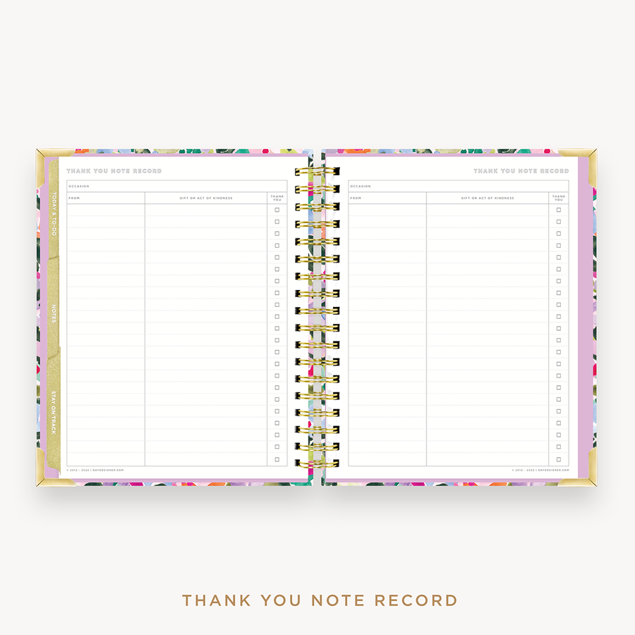Day Designer's 2023 Weekly Planner Blurred Spring with thank-you note recording page.