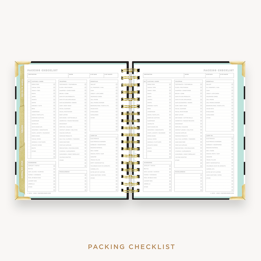 Day Designer's 2023 Weekly Planner Black Stripe with packing checklist page.
