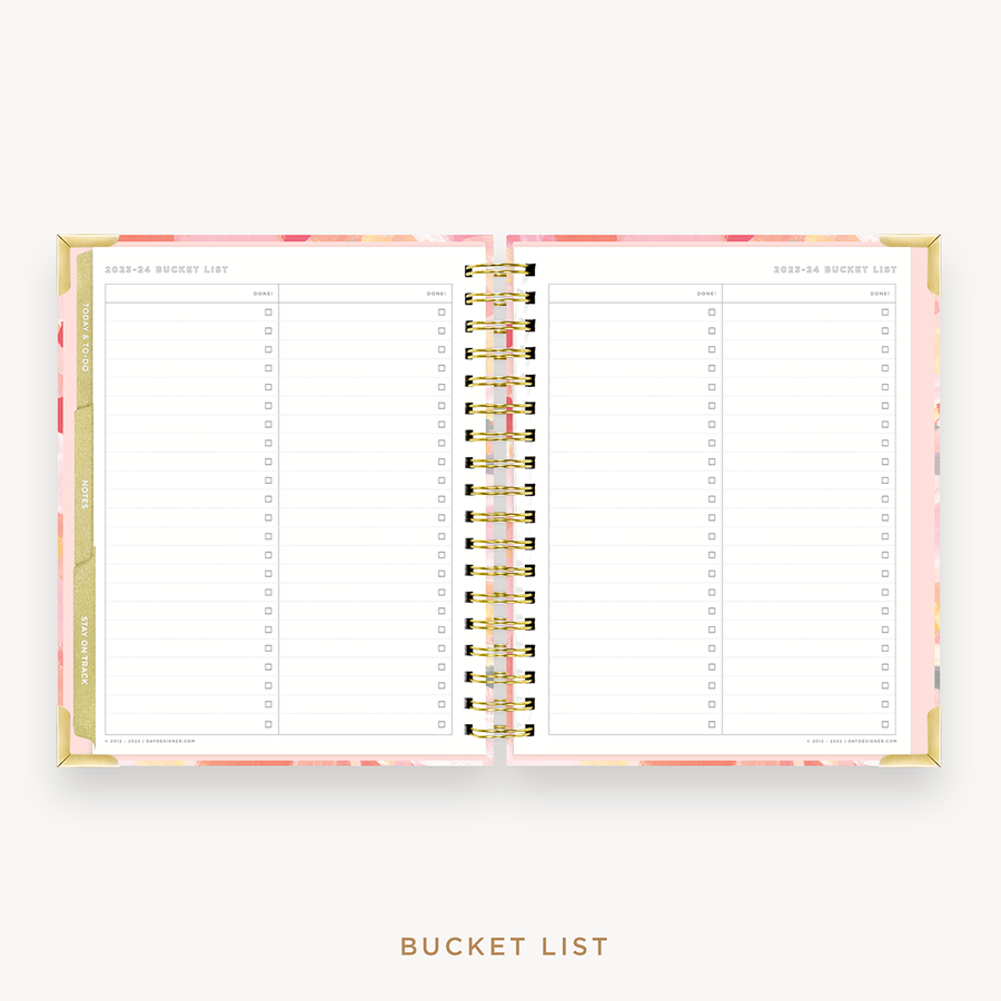 Day Designer's 2023 Weekly Planner Sunset with 2023-2024 bucket list page.
