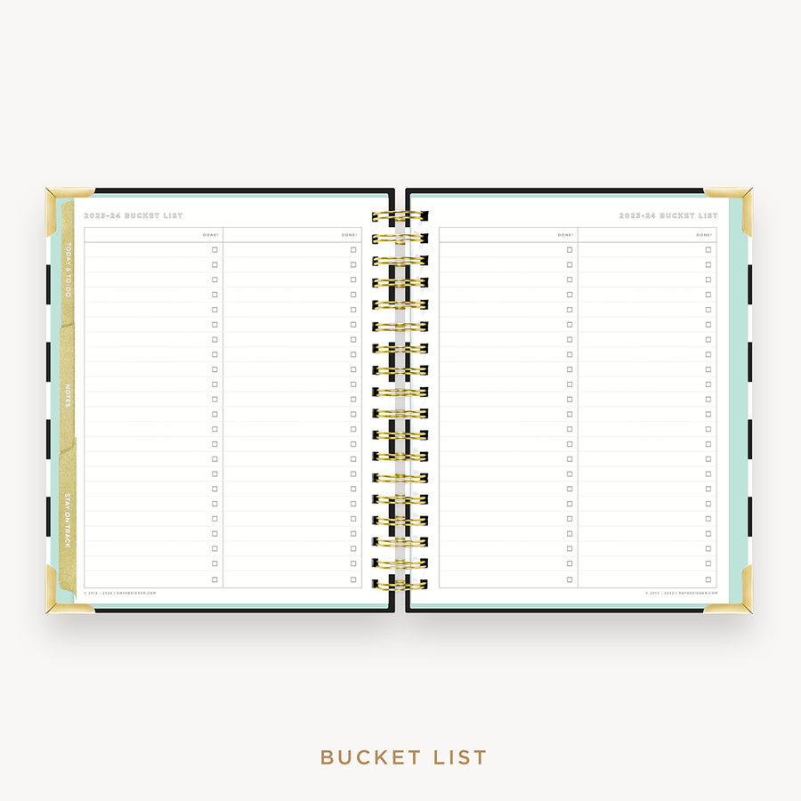 Day Designer's 2023 Weekly Planner Black Stripe with 2023-2024 bucket list page.