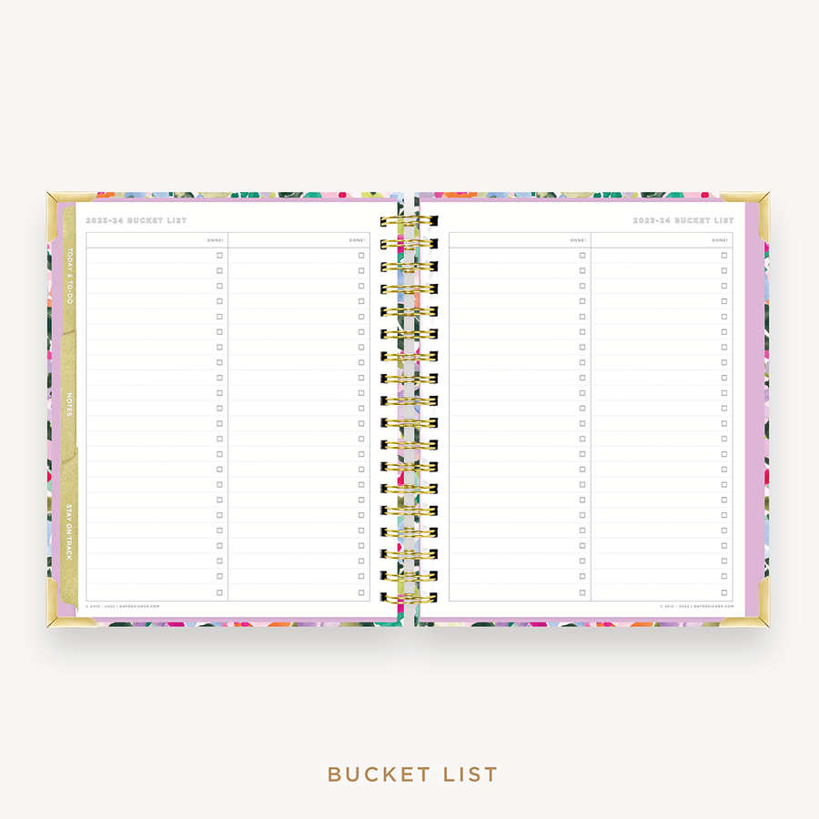 Day Designer's 2023 Weekly Planner Blurred Spring with 2023-2024 bucket list page.