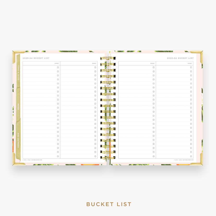 Day Designer's 2023-24 Weekly Planner Orange Blossom with 2023-24 - 2024 bucket list page.