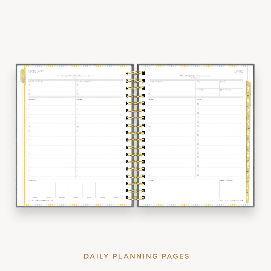 Day Designer's 2023 Daily Planner Charcoal Bookcloth with daily planning page.