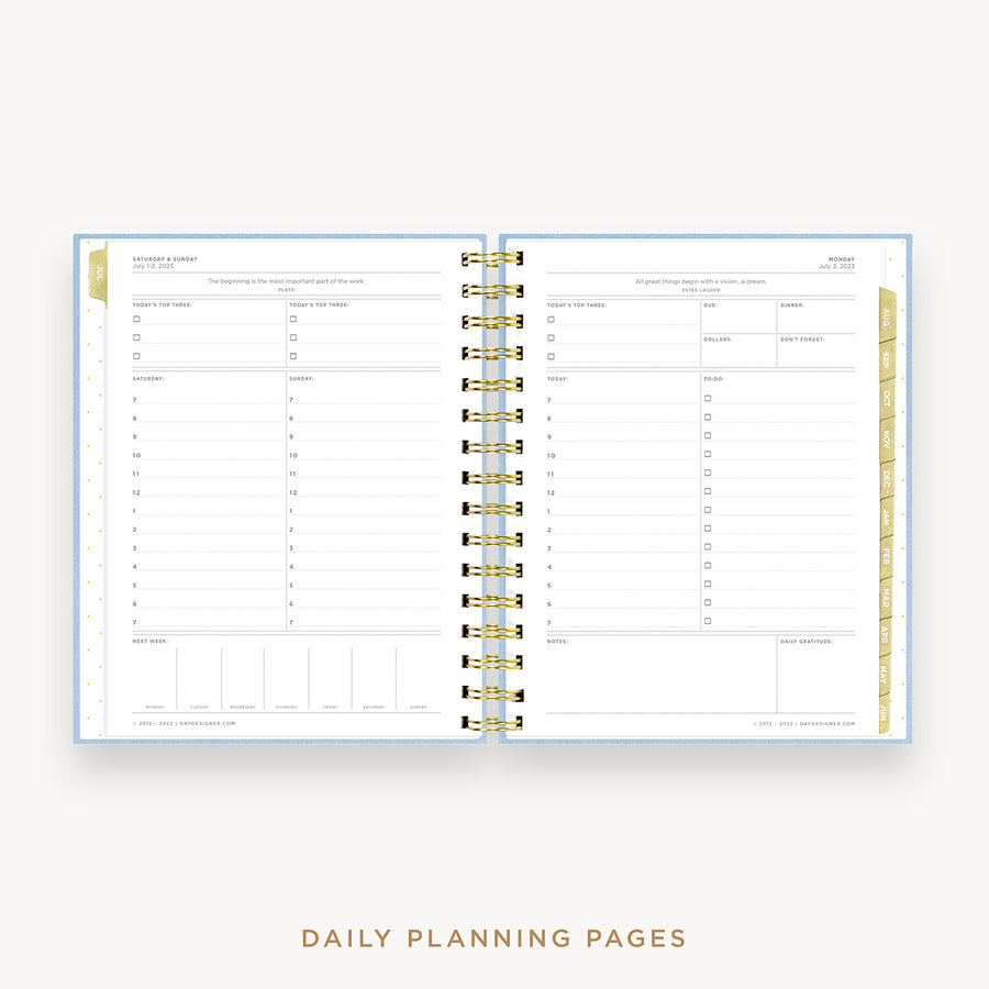 Day Designer's 2023 Daily Mini Planner Chambray Bookcloth with daily planning page.