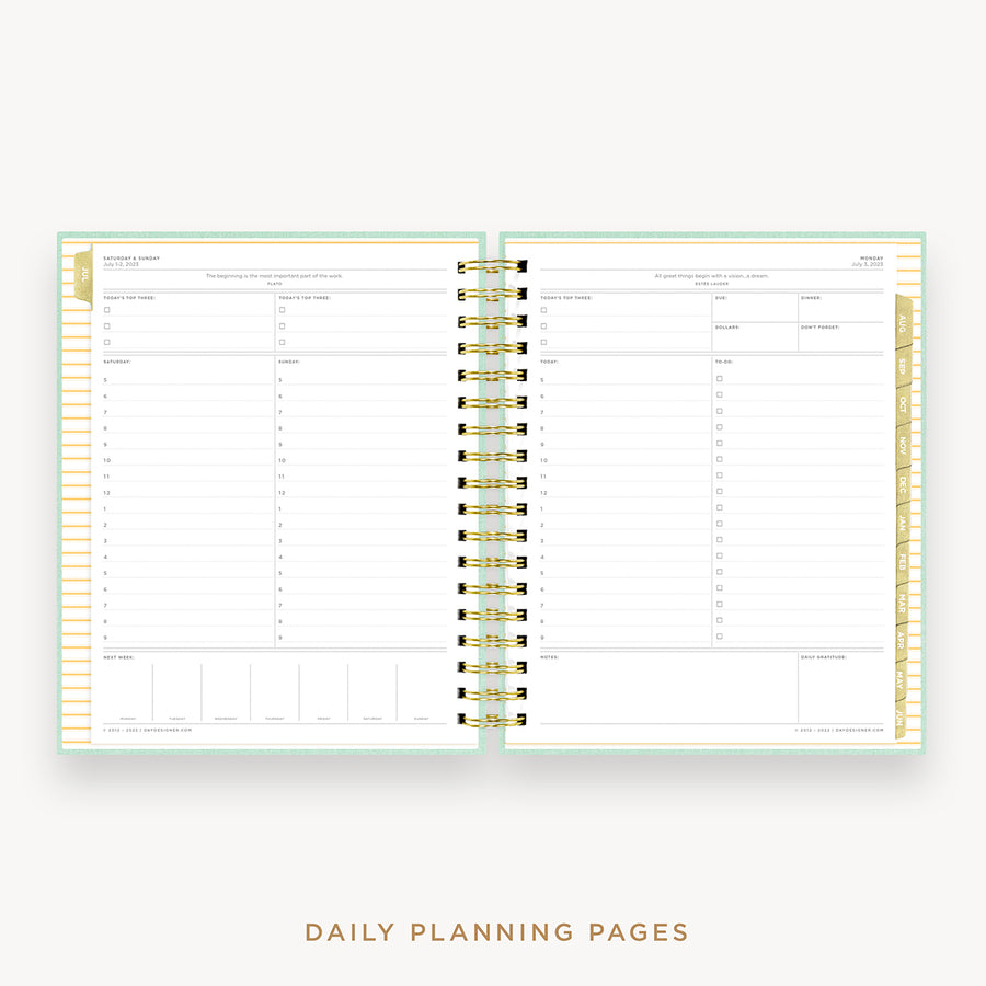 Day Designer's 2023 Daily Planner Sage Bookcloth with daily planning page.