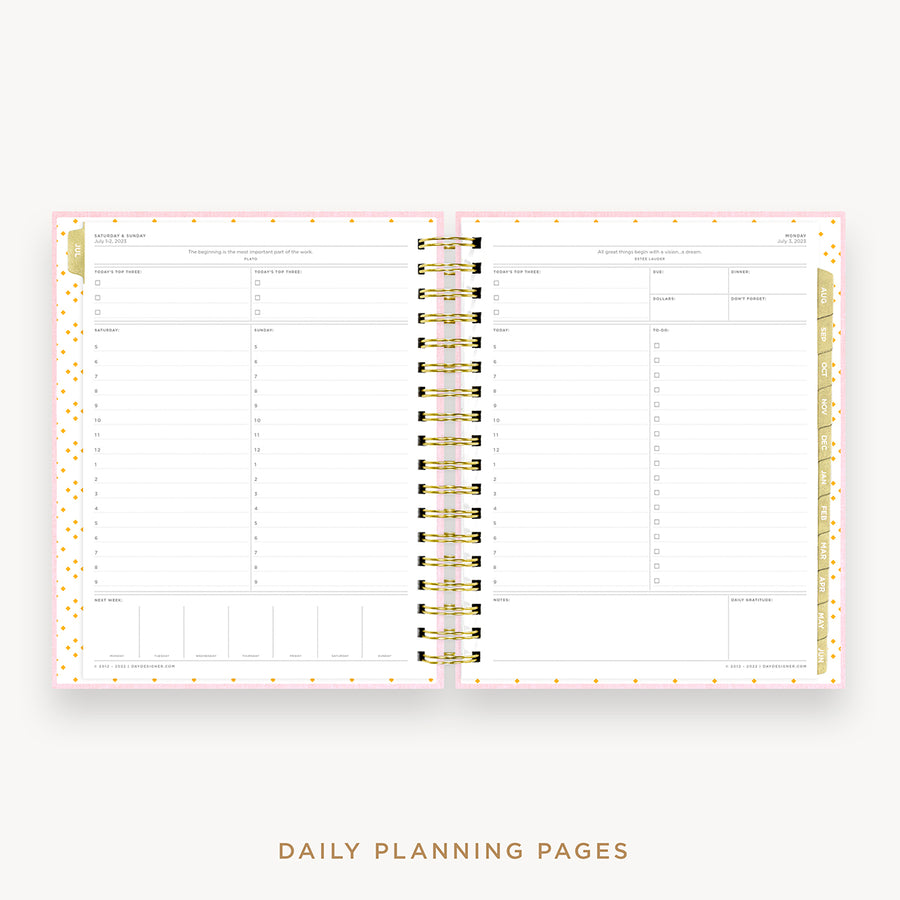 Day Designer's 2023 Daily Planner Peony Bookcloth with daily planning page.