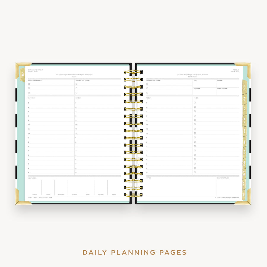 Day Designer's 2023 Daily Planner Black Stripe with daily planning page.