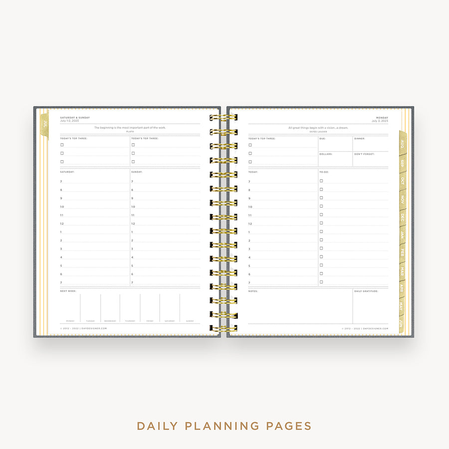 Day Designer's 2023 Daily Mini Planner Charcoal Bookcloth with daily planning page.