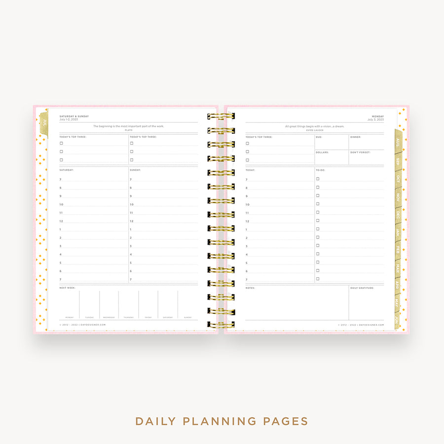 Day Designer's 2023 Daily Mini Planner Peony Bookcloth with daily planning page.