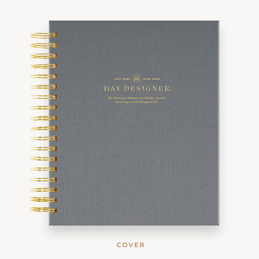 Day Designer 2023 Daily Planner with Charcoal Bookcloth with beautiful pattern and gold accents
