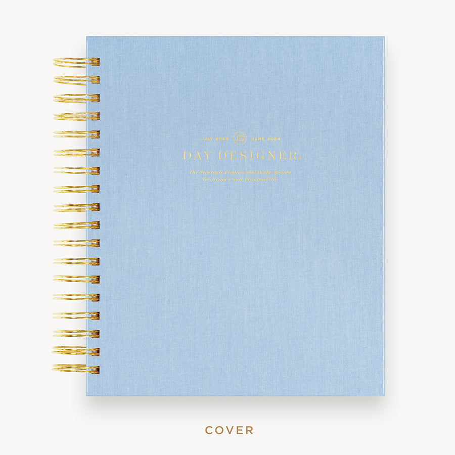 Day Designer 2023 Daily Planner with Chambray Bookcloth with beautiful pattern and gold accents