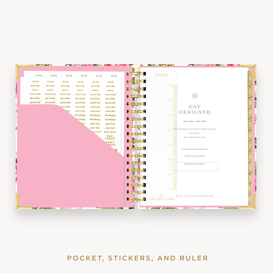 Day Designer's 2023 Daily Planner with London Rose cover with pocket sleeve and gold stickers.