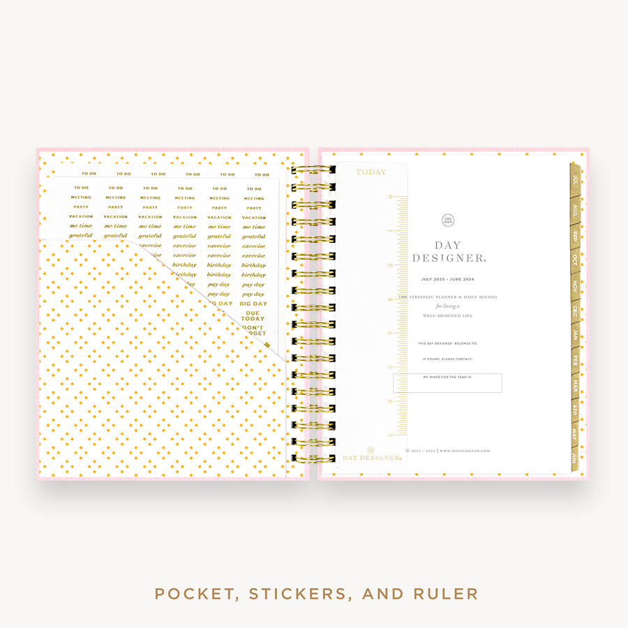 Day Designer's 2023 Daily Planner with Peony Bookcloth cover with pocket sleeve and gold stickers.