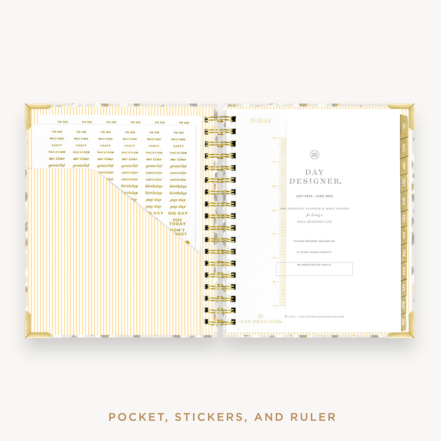 Day Designer's 2023-24 Daily Planner Chic cover with pocket sleeve and gold stickers.