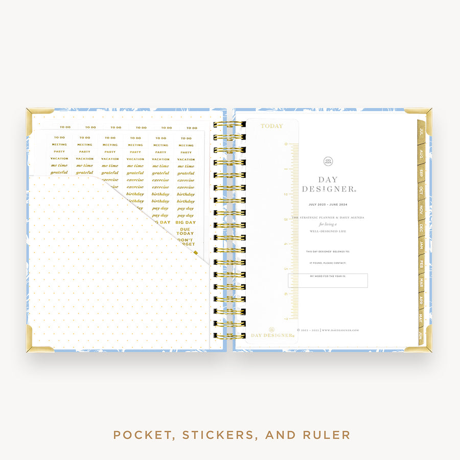 Day Designer's 2023 Daily Planner with Annabel cover with pocket sleeve and gold stickers.