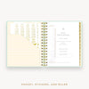 Day Designer's 2023 Daily Mini Planner Sage Bookcloth with pocket sleeve and gold stickers.