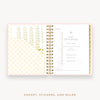 Day Designer's 2023 Daily Mini Planner Peony Bookcloth with pocket sleeve and gold stickers.
