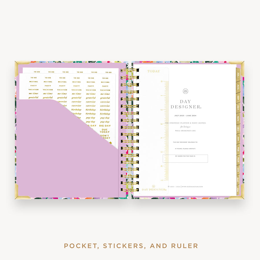 Day Designer's 2023 Daily Planner with Blurred Spring cover with pocket sleeve and gold stickers.