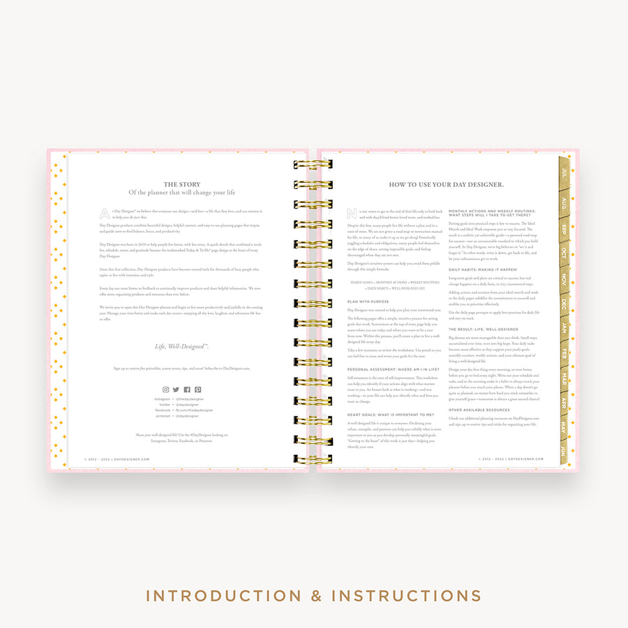 Day Designer's 2023 Daily Mini Planner Peony Bookcloth with Company Story page and "how-to" planner guide.