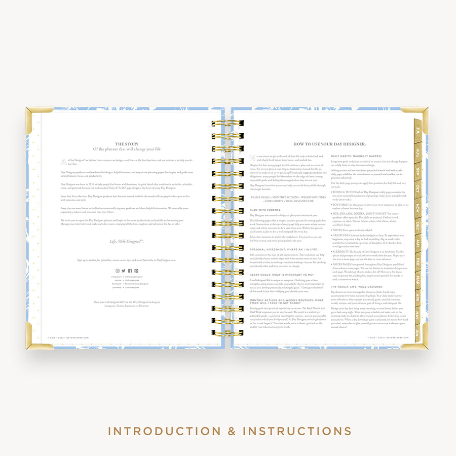 Day Designer's 2023 Daily Planner Annabel with Company Story page and "how-to" planner guide.