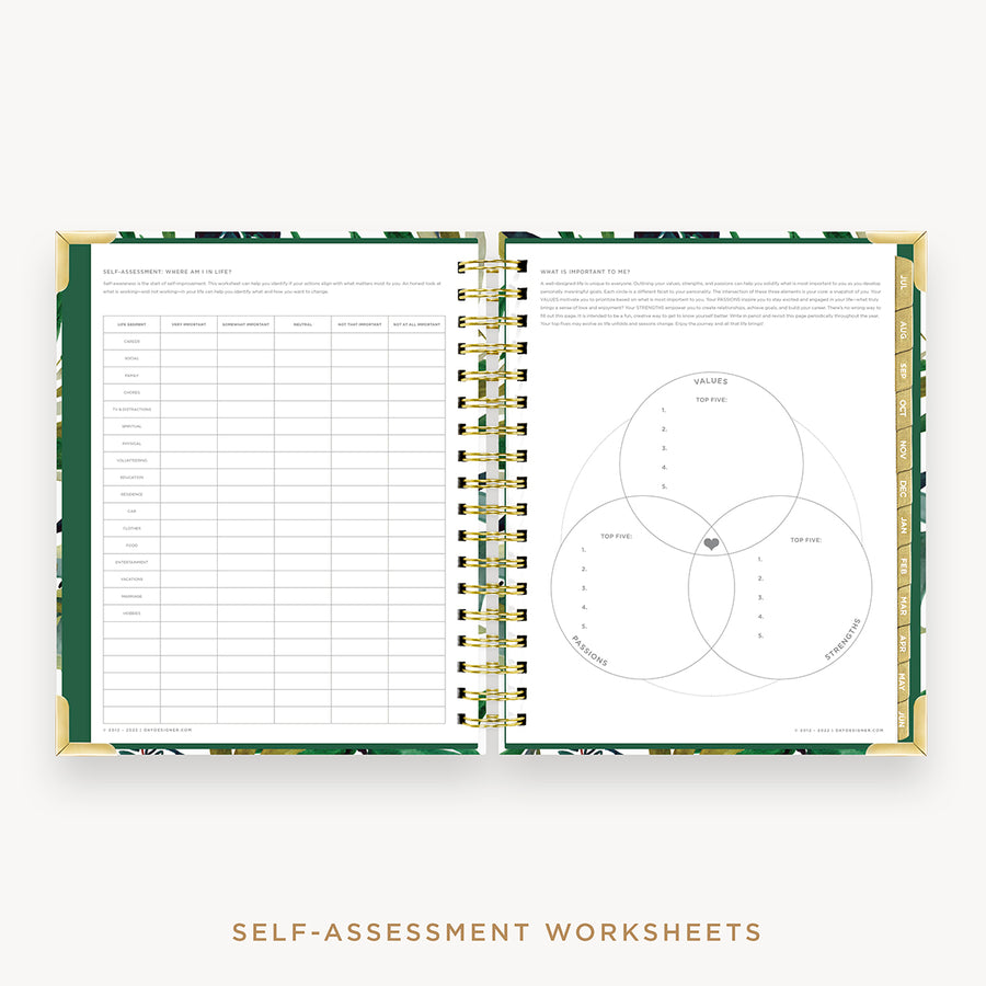 Day Designer's 2023 Daily Planner Bali with self-assessment and values worksheet.