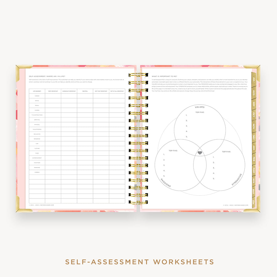 Day Designer's 2023 Daily Planner Sunset with self-assessment and values worksheet.