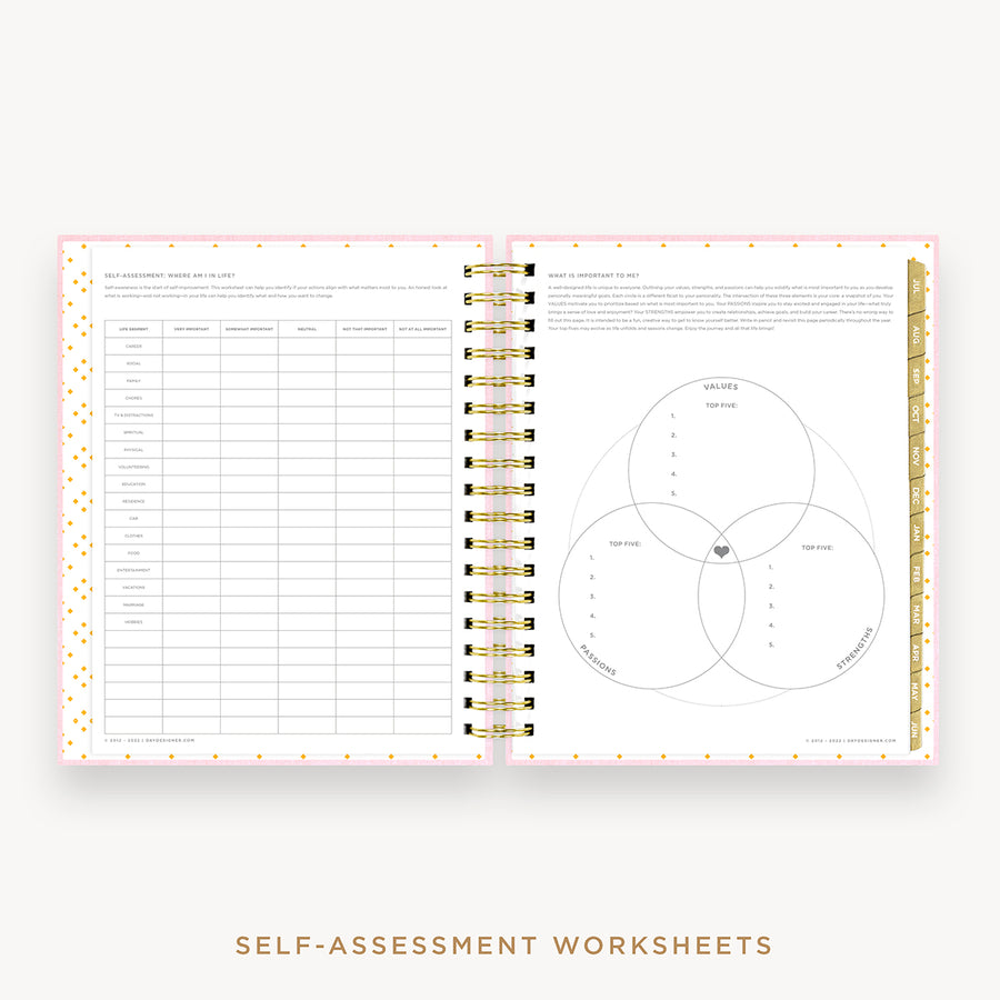 Day Designer's 2023 Daily Planner Peony Bookcloth with self-assessment and values worksheet.