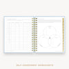 Day Designer's 2023 Daily Planner Chambray Bookcloth with self-assessment and values worksheet.