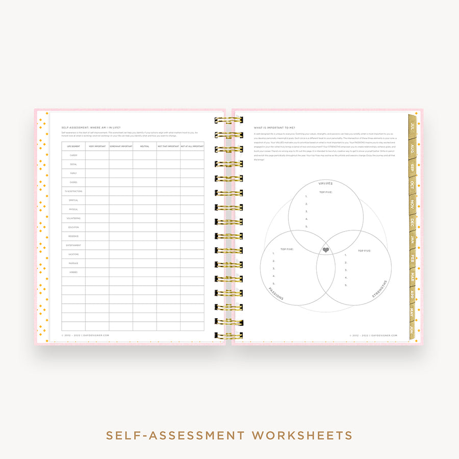 Day Designer's 2023 Daily Mini Planner Peony Bookcloth with self-assessment and values worksheet.