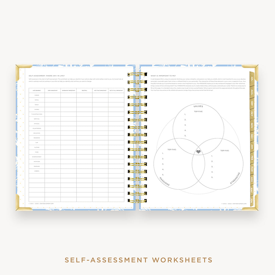 Day Designer's 2023 Daily Planner Annabel with self-assessment and values worksheet.