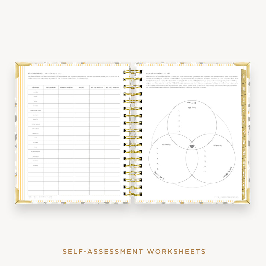Day Designer's 2023-24 Daily Planner Chic with self-assessment and values worksheet.