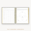 Day Designer's 2023 Daily Planner Charcoal Bookcloth with self-assessment and values worksheet.