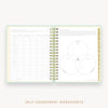 Day Designer's 2023 Daily Planner Sage Bookcloth with self-assessment and values worksheet.
