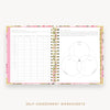 Day Designer's 2023 Daily Planner London Rose with self-assessment and values worksheet.