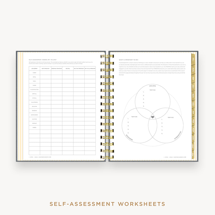 Day Designer's 2023 Daily Mini Planner Charcoal Bookcloth with self-assessment and values worksheet.