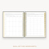 Day Designer's 2023 Daily Planner Charcoal Bookcloth with goals worksheet.