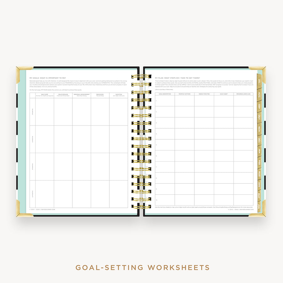 Day Designer's 2023 Daily Planner Black Stripe with goals worksheet.