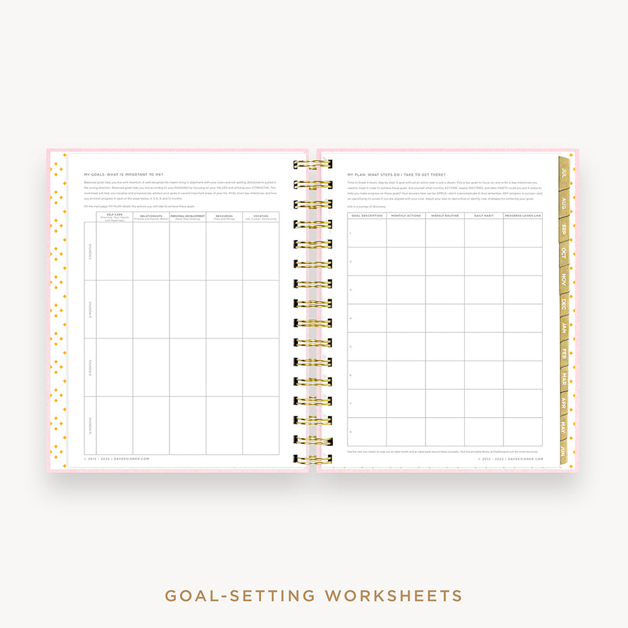 Day Designer's 2023 Daily Mini Planner Peony Bookcloth with goals worksheet.