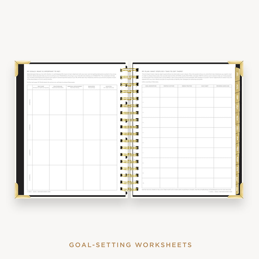 Day Designer's 2023 Daily Planner Classic Dot with goals worksheet.