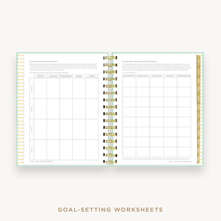 Day Designer's 2023 Daily Mini Planner Sage Bookcloth with goals worksheet.