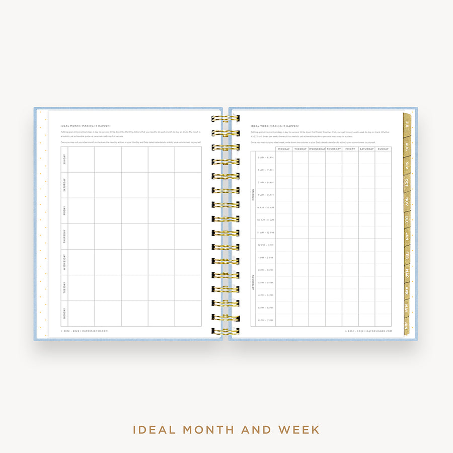 Day Designer's 2023 Daily Mini Planner Chambray Bookcloth with ideal month and week worksheet.