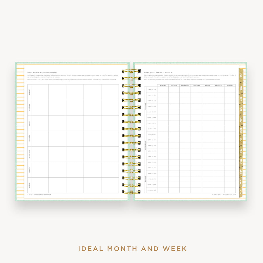 Day Designer's 2023 Daily Planner Sage Bookcloth with ideal month and week worksheet.