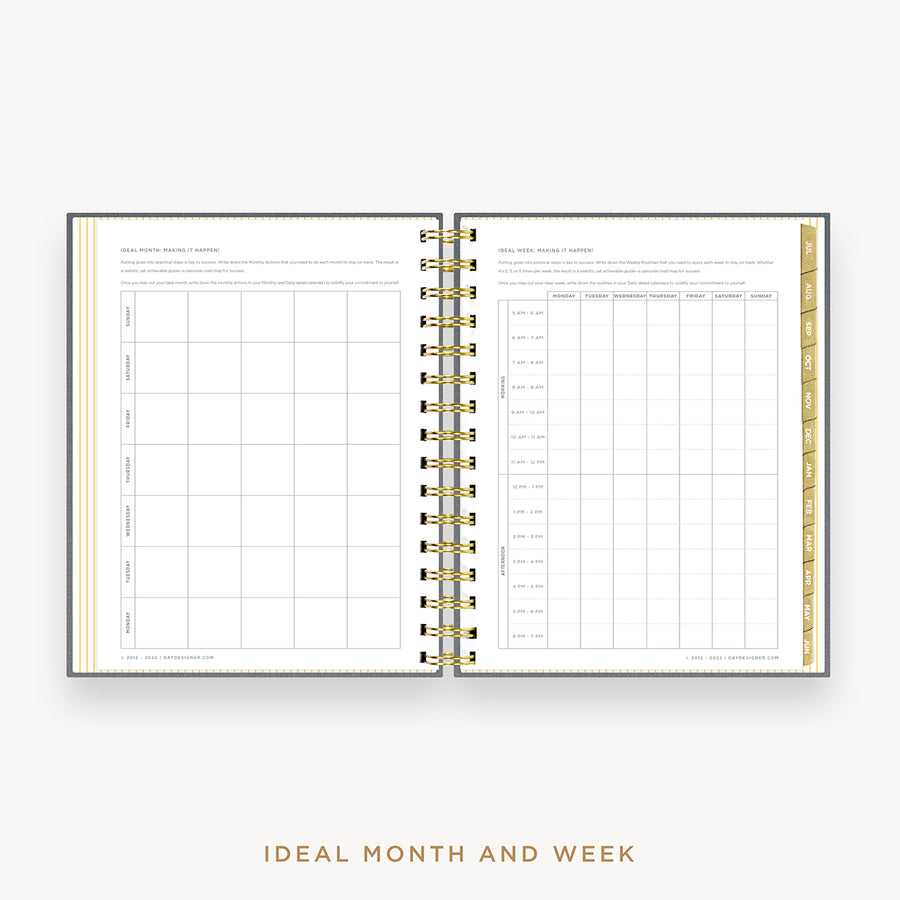 Day Designer's 2023 Daily Mini Planner Charcoal Bookcloth with ideal month and week worksheet.