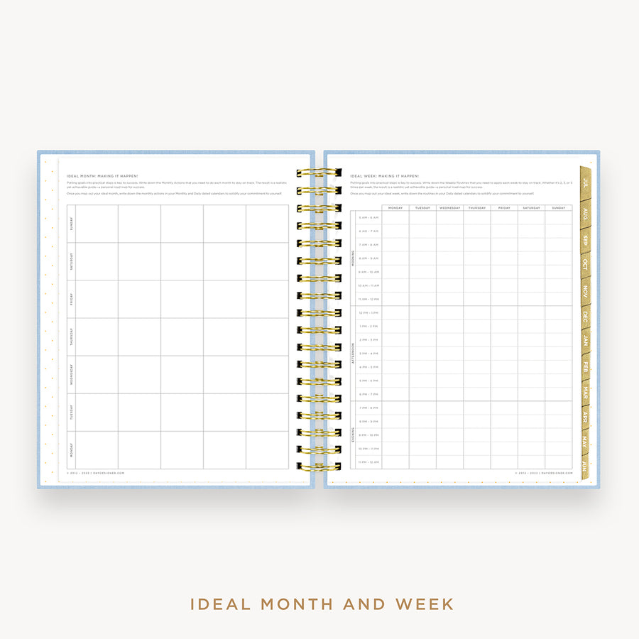 Day Designer's 2023 Daily Planner Chambray Bookcloth with ideal month and week worksheet.