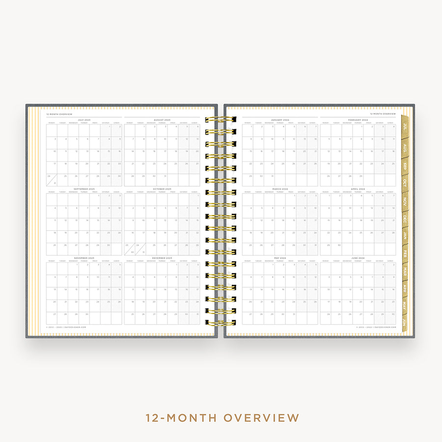 Day Designer's 2023 Daily Planner Charcoal Bookcloth with a two-page spread of the 2023-2024 calendar year.