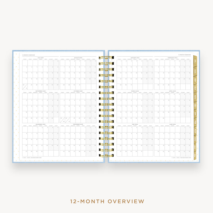 Day Designer's 2023 Daily Planner Chambray Bookcloth with dates for 2023-2024 Holiday's and birthday tracker.