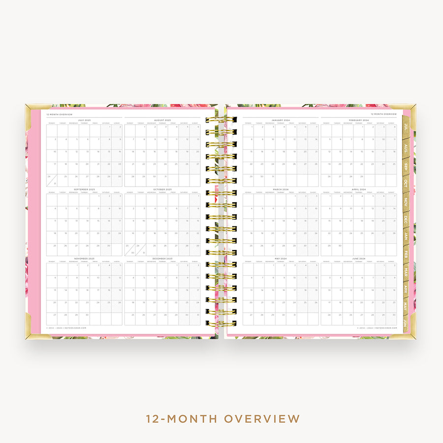 Day Designer's 2023 Daily Planner London Rose with a two-page spread of the 2023-2024 calendar year.