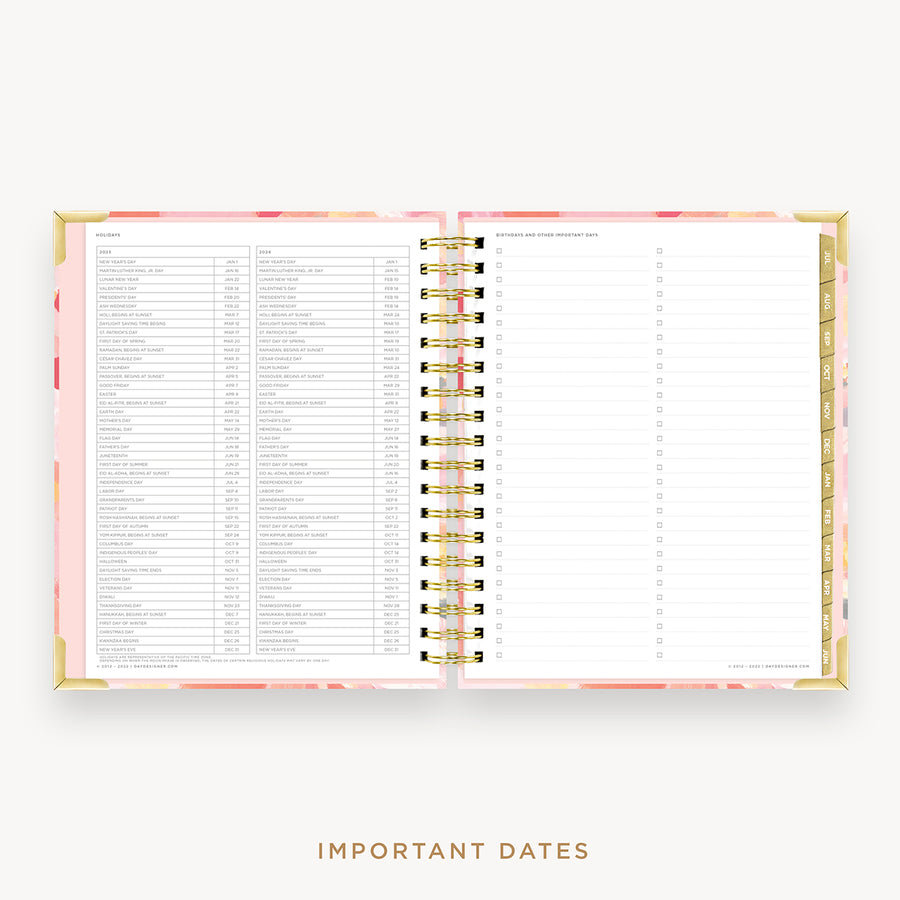 Day Designer's 2023 Daily Planner Sunset with dates for 2023-2024 Holiday's and birthday tracker.